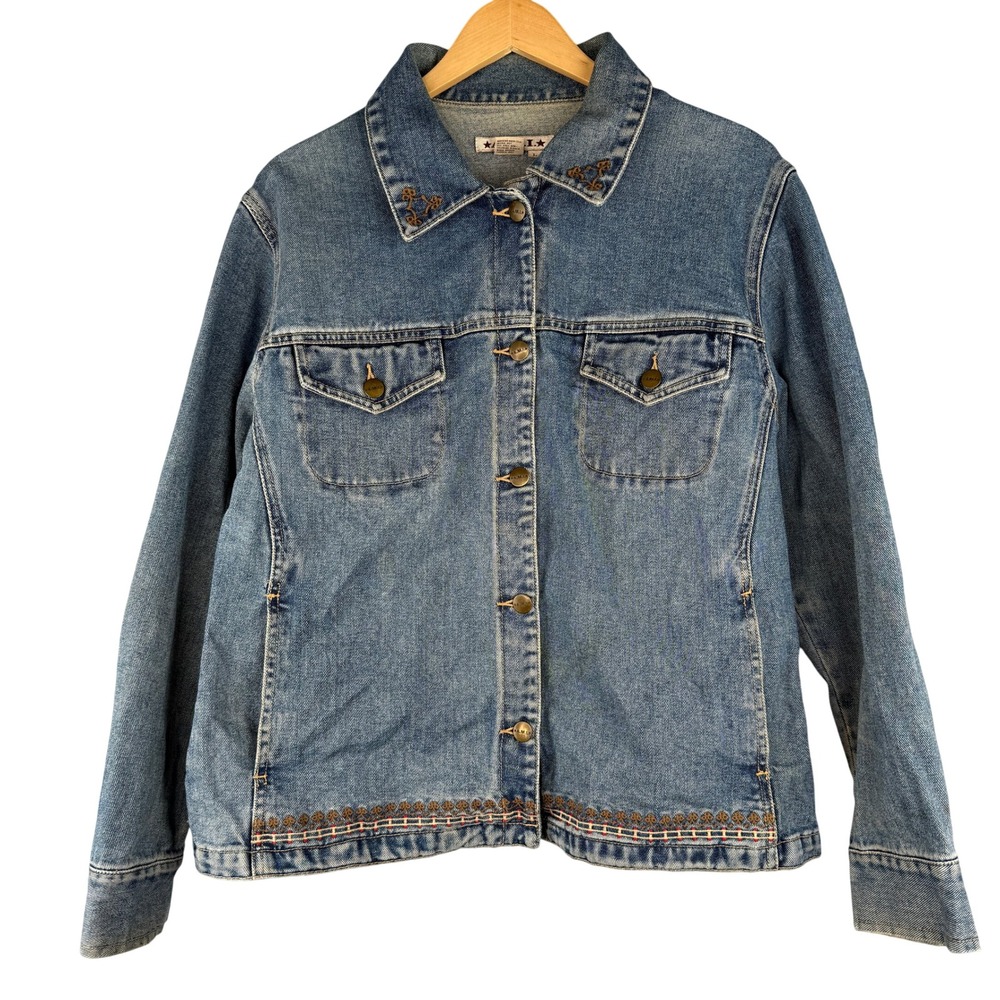 Vintage Y2K A.M.I. Jean Jacket Womens L Embroidered Floral Western‎ Denim Coat